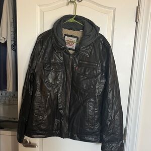 Black Leather Levi’s Sherpa Lined Jacket with Hood